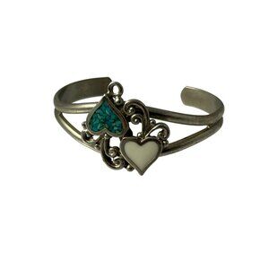 Vintage EJC Faux Turquoise Inlay Double Heart Silver Tone Cuff Bracelet READ